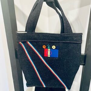 Gudrun Sjoden Black Thick Wool Tote with Multicolor Ribbon Accents